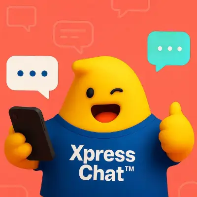 XpressChat mascot with a phone and chat bubbles