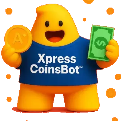 XpressCoinsBot mascot holding a coin and cash